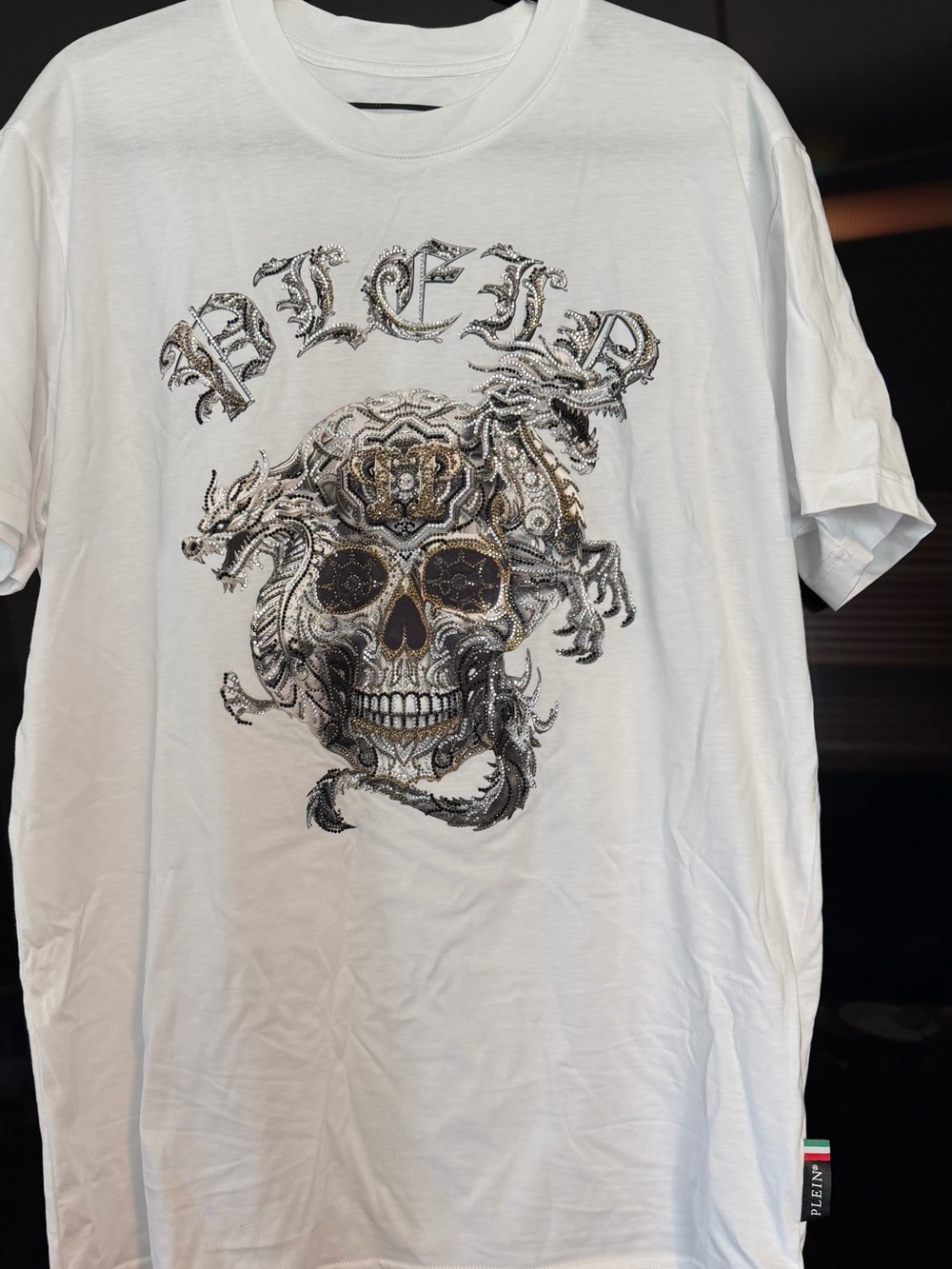 Philipp Plein White Crystal Skull Dragon Rhinestone T-Shirt